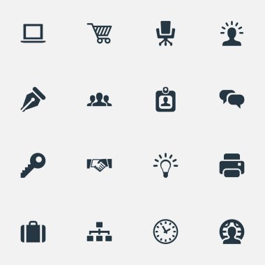 Vektör çizim basit ticaret simgeler kümesi. Çanta, ilişki, baskı makinesi ve diğer eş anlamlı koltuk ticaret öğeleri parola ve kullanıcı.