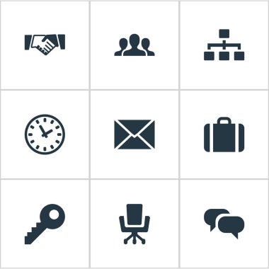 Vektör çizim basit B2b simgeler kümesi. Öğeleri ilişki, parola, iş koltuk ve diğer eş anlamlı dostluk takım ve saat.