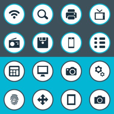 Vektör çizim basit aygıt simgeler kümesi. Kaydet öğelerini taşıyın, alıcısı ve diğer eş anlamlı ekran ayarları ve fotoğraf.