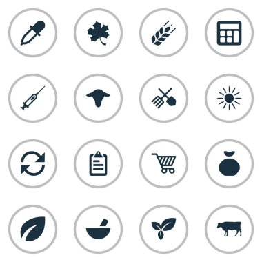 Vektör çizim basit tarım simgeler kümesi. Öğeleri yenileme, inek, buğday ve diğer eş anlamlı bitki yerel ve Holdall.