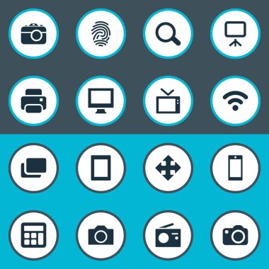 Vektör çizim basit aygıt simgeler kümesi. Öğeleri kamera, düzen, monitör ve diğer eş anlamlı tanımlama, kamera ve Yazdır.