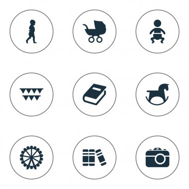 Vektör çizim basit bebek simgeler kümesi. Öğeleri çocuk, sözlük, Festival ve diğer eş anlamlı tekerlek anlar ve ilk.