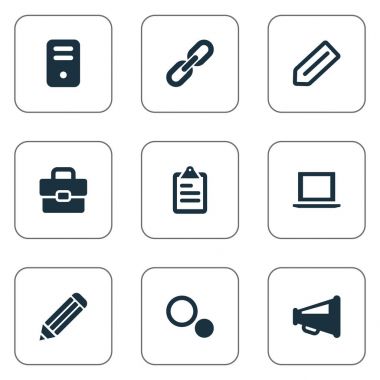 Vektör çizim basit Web simgeler kümesi. Öğeleri sistem birimi, ayarları, megafon ve diğer eş anlamlı sözcükler zinciri, etiket ve bağlantı.