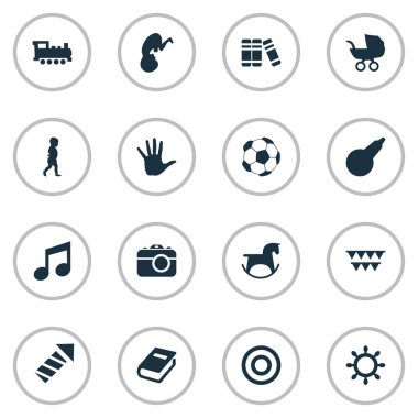 Vektör çizim basit bebek simgeler kümesi. Öğeleri Festivali, midilli, yönetim kurulu ve diğer eş anlamlı çocuk arabası, fotoğraf ve kitap.