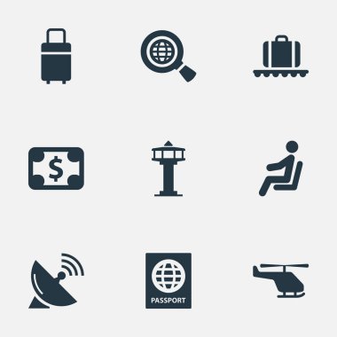 Vektör çizim basit Havaalanı simgeler kümesi. Öğeleri bagaj atlıkarınca, küresel araştırma, seyahat çantası ve diğer eş anlamlı para birimi, oturma ve Doları.