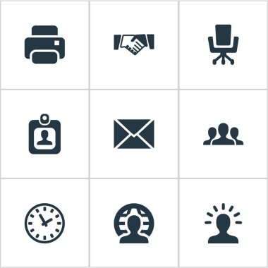 Vektör çizim basit ticaret simgeler kümesi. Öğeleri ortaklık, iş koltuk, üye ve diğer eş anlamlı grubu, koltuk ve zarf.