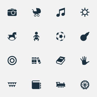 Vektör çizim basit bebek simgeler kümesi. Öğeleri futbol, lavman, Festival ve diğer eş anlamlı çocuk arabası, ansiklopedi ve tren.