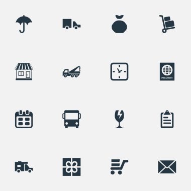 Vektör çizim basit teslim simgeler kümesi. Öğeleri zarf, Alışveriş Merkezi, Bagaj taşıyıcısı ve diğer eş anlamlı sözcükler arabası şemsiyesi ve araç.