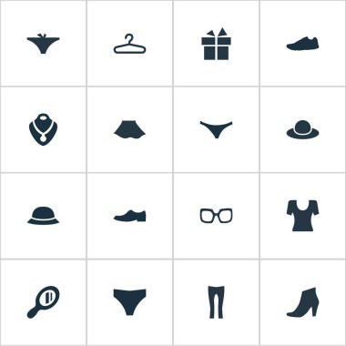 Vektör çizim basit dolap simgeler kümesi. Öğeleri kalıcı makyaj cam, iç çamaşırı, Ayakkabı ve diğer eş anlamlı hediye, erkek ve giyim.