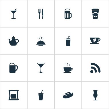 Vektör çizim basit gıda simgeler kümesi. Öğeleri bira, ekmek, çay ve diğer eş anlamlı Espresso, ekmek ve kablosuz.