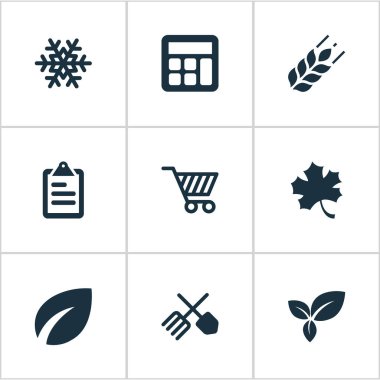 Vektör çizim basit tarım simgeler kümesi. Öğeleri yaprak, hesap makinesi, Bahçe Bitkileri ekipman ve diğer eş anlamlı ot, buğday ve matematik.