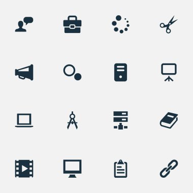 Vektör çizim basit Web simgeler kümesi. Öğeleri Laptop, Film, yönetim kurulu ve diğer eş zamanlama megafon ve evrak çantası.