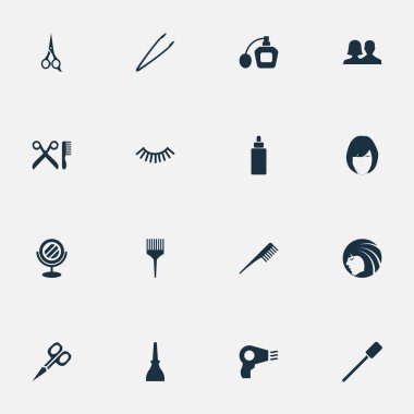 Vektör çizim basit Salon simgeler kümesi. Öğeleri saç modeli, müşteriler, tarak ve diğer eş anlamlı donanımları, koku ve kuru.