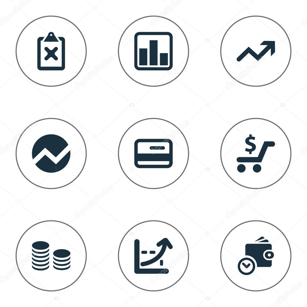 Vector Illustration Set Of Simple Financial Icons. Elements Rate, Line Chart, Wallet And Other Synonyms Clipboard, Rate And Credit.