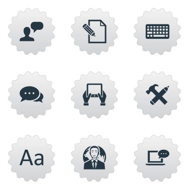 Vektör çizim basit bloglama simgeler kümesi. Öğeleri bağımsız değişkeni, dizüstü bilgisayar, belge ve diğer eş anlamlı tuş takımı, Tablet ve mesaj.