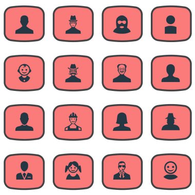 Vektör çizim basit üye simgeler kümesi. Öğeleri Ajan, küçük kız, Internet profili ve diğer eş anlamlı erkek, bıyık ve erkek.