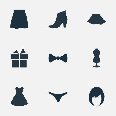 Vektör çizim basit giysileri simgeler kümesi. Öğeleri kıyafetleri, bugünü, manken ve diğer eş ayakkabı, elbise ve giyim.