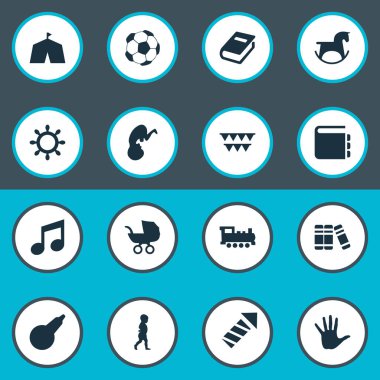 Vektör çizim basit bebek simgeler kümesi. Öğeleri Başlat yürüyüş, dümen, bebek arabası ve diğer eş anlamlı sirk lavman ve çocuk.