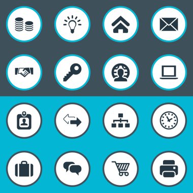 Vektör çizim basit ticaret simgeler kümesi. Öğeleri sabit para ticaret çanta, baskı makinesi ve diğer eş anlamlı rozet, para birimi ve zarf.