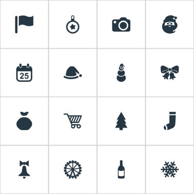 Vektör çizim basit yeni yıl simgeler kümesi. Öğeleri çanta, içki şişesi, fotoğraf ve diğer eş anlamlı dekorasyon, buz ve bayrak.
