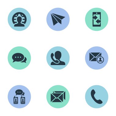 Vektör çizim Set basit simgeler bağlayın. Öğeleri uçak, insan, konuşan telefon geçiş panosu ve diğer eş anlamlı mesaj, küresel ve cep telefonu.