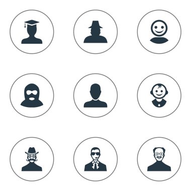 Vektör çizim basit insan simgeler kümesi. Öğeleri genç tıraş makinesi, bıyıklı adam, suçlu ve diğer eş anlamlı öğrenci koruma ve bıyık.