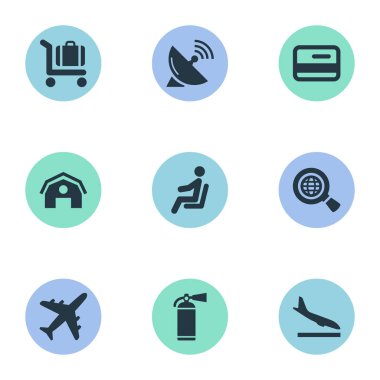 Vektör çizim basit uçak simgeler kümesi. Koltuk, anten ve diğer eş anlamlı uydu, koruma ve öğeleri uçak, Alighting istiyorsunuz.