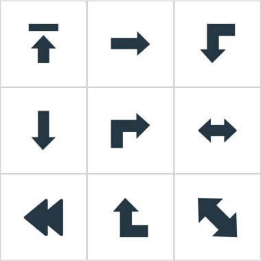 Vektör çizim basit oklar simgeler kümesi. Öğeleri arkaya, doğru yönde, ters ve diğer eş Upload, işaret ve aktarım.