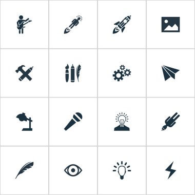 Basit görsel sanat kümesi illüstrasyon vektör simgeler. Öğeleri tasarım aletleri, Dişliler, e-posta ve diğer eş anlamlı tartışma işlemek ve şarj edin.