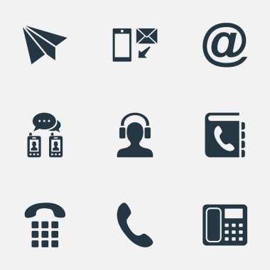Vektör çizim basit iletişim simgeler kümesi. Öğeleri kulaklık, telefon rehberi, telefon ve diğer eş anlamlı kulaklık konuşmak ev ve posta.