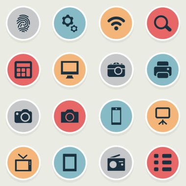 Vektör çizim basit donanım simgeler kümesi. Öğeleri Fotokopi makinesi, dokunmatik bilgisayar, kamera ve diğer eş dokunma, bağlantı ve seçenekleri.