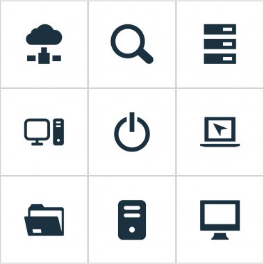 Vektör çizim basit bilgisayar simgeler kümesi. Öğeleri monitör, Büyüteç, buton ve diğer eş anlamlı düğme aramak ve veri.