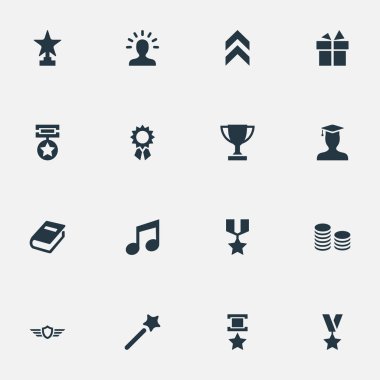 Vektör çizim basit ödül simgeler kümesi. Öğeleri Ödülü, madalya, şeref ve diğer eş anlamlı mezunu, başarı ve kalkan.