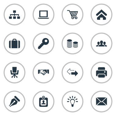 Vektör çizim basit ticaret simgeler kümesi. Öğeleri grubunda, ticaret çanta, ilişki ve diğer eş anlamlı Pin şifre ve el sıkışma.