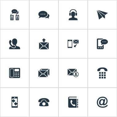 Vektör çizim basit iletişim simgeler kümesi. Öğeleri kulaklık, telefon rehberi, posta ve diğer eş sohbet, deftere nakil ve mesaj.