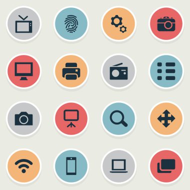 Vektör çizim basit aygıt simgeler kümesi. Öğeleri arama, hareket, parmak izi ve diğer eş rapor, liste ve hareket.