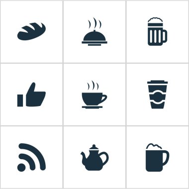 Vektör çizim basit gıda simgeler kümesi. Öğeleri bira, favori, çay ve diğer eş anlamlı Pot hizmet ve paket servisi olan Restoran.