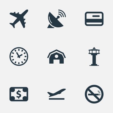 Vektör çizim sade seyahat etmek simge kümesi. Öğeleri kredi kartı, kalkış, uçak ve diğer eş anlamlı kalkış, kule ve uydu.