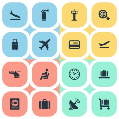 Vektör çizim sade seyahat etmek simge kümesi. Öğeleri sertifika vatandaşlık, seyahat çantası, uçak ve diğer eş anlamlı koruma, uydu ve Konveyör.