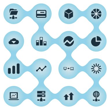 Vektör çizim basit bilgi simgeler kümesi. Öğeleri dijital Documnet, Internet sunucusu, Yayilim grafik ve diğer eş anlamlı kredi, altıgen ve Online.