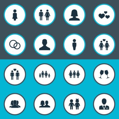 Vektör çizim basit simgeler kümesi. Öğeleri çocuklar, eş, kalp ve diğer eş anlamlı kişi hanım ve düğün.