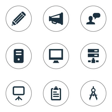 Vektör çizim basit simgeler simge kümesi. Öğeleri sistem birimi, daire Pusula, megafon ve diğer eş anlamlı illüstrasyon, slayt gösterisi ve pusula.