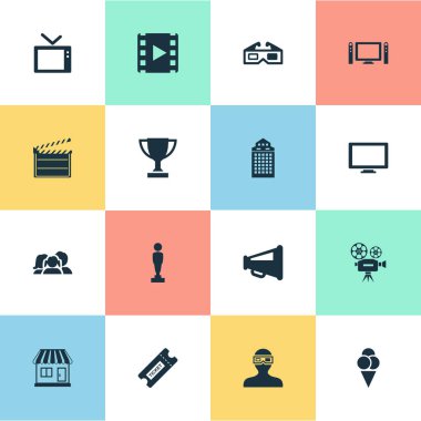 Vektör çizim basit film simgeler kümesi. Öğeleri bakkal, ev sineması, seyirci ve diğer eş anlamlı video kamera, Video ve bakkal.