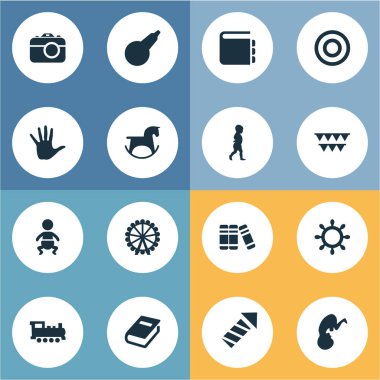 Vektör çizim basit bebek simgeler kümesi. Öğeleri kurulu, ders kitabı, tren ve diğer eş anlamlı ders kitabı, pompa ve lavman.