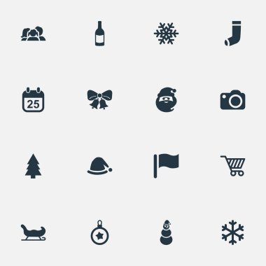 Vektör çizim basit Noel simgeler kümesi. Öğeleri yakınları, içki şişesi, Ağaç oyuncak ve diğer eş anlamlı sepeti, PIN ve karlı.