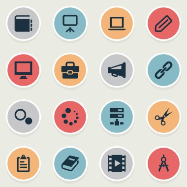 Vektör çizim basit simgeler simge kümesi. Öğeleri liste, megafon, ayarları ve diğer eş anlamlı pusula katalog ve el çantası.