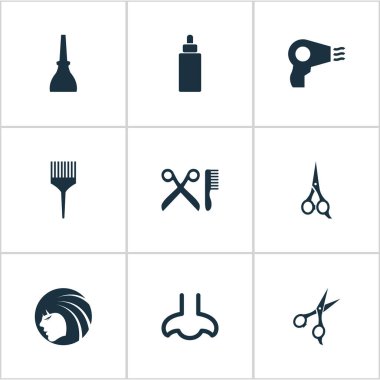 Vektör çizim basit güzellik simgeler kümesi. Öğeleri berber, makas, Serum ve diğer eş anlamlı Kuaför, tarak ve şişe.