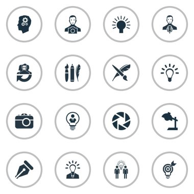 Basit görsel sanat kümesi illüstrasyon vektör simgeler. Öğeleri iş tartışma, projenin amacı, fırça ve diğer eş anlamlı kalem şarkıcı ve takım.