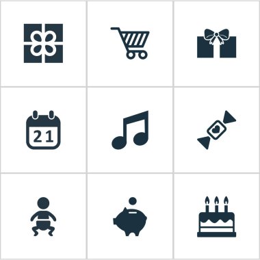 Vektör çizim basit tatil simgeler kümesi. Öğeleri kek, kutu, para domuz ve diğer eş anlamlı para kutusu ve şeker.