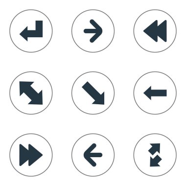 Vektör çizim basit oklar simgeler kümesi. Öğeleri zam-Güz, eğimli ok, sol göstergesi ve aşağı doğru işaret ederek, diğer eş sol ve ileri.